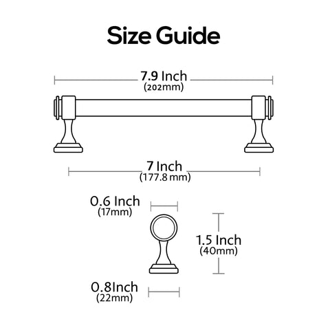 Size guide for Ten Pack Matte Black Cabinet Pulls 7 Inch Straight Bar Handles For Cabinets And Drawers 177.8mm Hole Centers