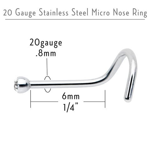 20 Gauge Nose Stud In Stainless Steel 316L With Clear Accent Micro Screw Head, 6mm Length, 0.8mm Diameter, durable nostril jewelry