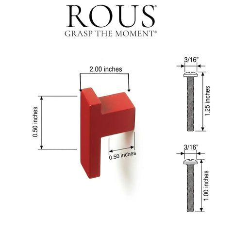 Chic Mid Century Modern L Bar Cabinet Knob In Matte Rose Red Finish crafted from durable solid aluminum, dimensions shown.