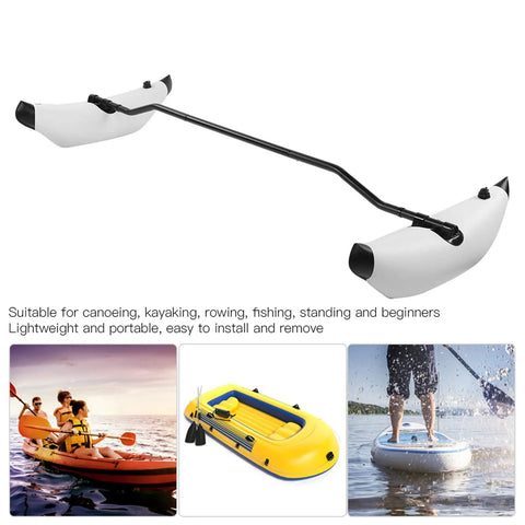 Outrigger Stabilizer Kit with PVC inflatable pontoons for kayaks, shown in use on small boats, offering easy install and balance.