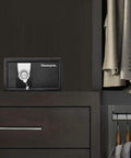 Compact Home Safe With Key Lock For Cash And Jewelry Storage In Dorms Or Offices Protect Your Passports And Important Papers In 0.35 Cubic Feet Of Secure Personal Safe For Your Pad placed on a wooden shelf