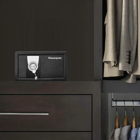 Compact Home Safe With Key Lock For Cash And Jewelry Storage In Dorms Or Offices Protect Your Passports And Important Papers In 0.35 Cubic Feet Of Secure Personal Safe For Your Pad placed on a wooden shelf