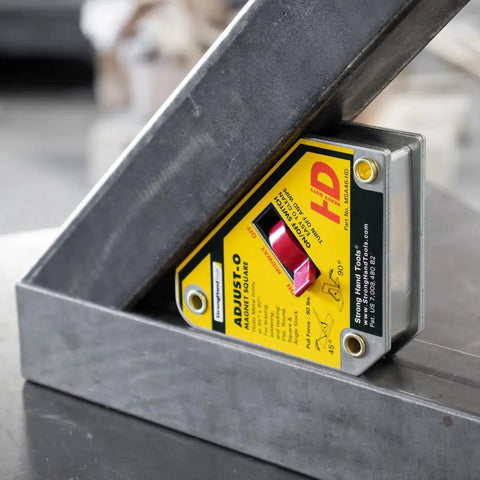 Adjust O Heavy Duty Magnetic Square With On Off Switch for metalworking, holding metal pieces at 45 degree angle, 65 lb pull strength.