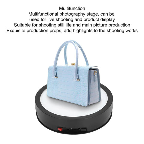 Super Smooth 360 Degree Rotating Display Stand Electric Turntable With Adjustable Speed And Remote Control, Plus Colorful Led Lights For Pro Photos And Videos That Look Totally Fire On Your Socials showcasing a blue handbag.