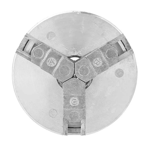 Rock Solid Three Jaw Lathe Chuck For Mini Metal Lathes Crafted From Thick Zinc Alloy top view showing independent jaws and clamping teeth.