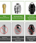 Comparison of brass, high-quality metal, and alloy metal drill parts with notes on aluminum, plastic for 15 Piece Drill Chuck Collet Kit.