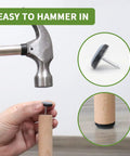 Three Quarters Inch Nail On Chair Leg Floor Protectors Glides with hammer installation and close-up view of nail and pad