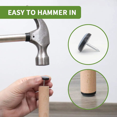 Three Quarters Inch Nail On Chair Leg Floor Protectors Glides with hammer installation and close-up view of nail and pad