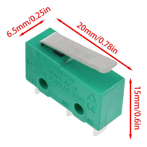 Micro Travel Limit Switch 3 Pin 5A 250V For CNC Machines With Handle Green, detailed view with dimensions, high temperature resistant.