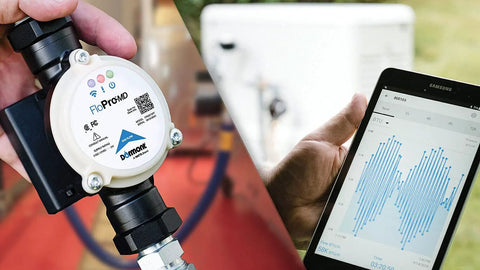 Dormont Flo-Pro MD gas flow/pressure diagnostic tool on a pipe; Bluetooth-enabled tablet displays real-time data