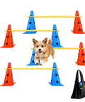 All In One Dog Agility Jump Set For Backyard Training With Adjustable Hurdles Weave Poles And Cones Including 13 Inch And 19 Inch Options Portable Obstacle Course Kit With Carry Bag Versatile Setup For Small To Large Dogs Canine Fitness Gear showing hurdles, cones, and jumping dog