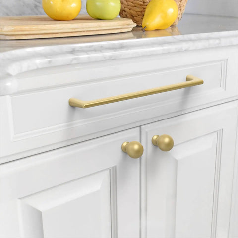 Heavy Duty Gold Cabinet Pulls Six Pack 11.3 Inch Boss Grade Kitchen Drawer Handles showcasing solid alloy pull on white cabinet.