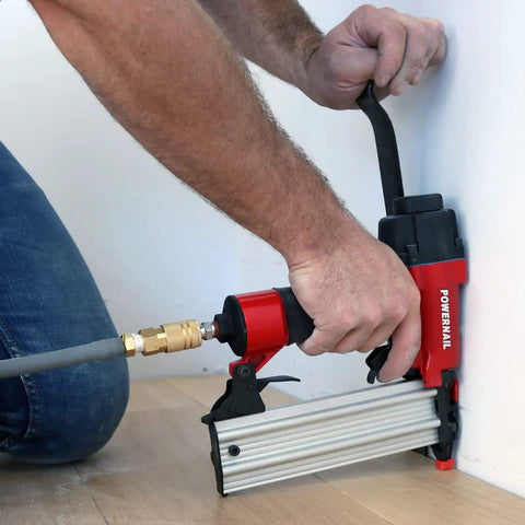 Heavy-Duty Pneumatic 18-Gauge Straight Brad Nailer Bad Boy Anodized Aluminum Magazine No-Mar Nose Tip Zero Hassle Reload Indicator Hardwood Flooring Trim Projects Stair Treads AX Series Compatible