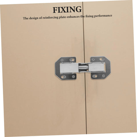 Front view of a silver wardrobe hinge repair kit installed on beige cabinet doors.