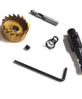 Hardcore Hss Titanium Hole Saw Kit With Killer Sharp Teeth For Smashing Through Steel Iron Aluminum And Plastic Includes Allen Wrenches For Door Lock Install And Cabinet Mods showing components including a gold hole saw.