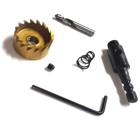 Hardcore Hss Titanium Hole Saw Kit With Killer Sharp Teeth For Smashing Through Steel Iron Aluminum And Plastic Includes Allen Wrenches For Door Lock Install And Cabinet Mods showing components including a gold hole saw.