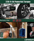 220 Ft-lb torque use of 20V Brushless Cordless Impact Wrench And Driver Kit With 300 Foot Pounds Torque One Half Inch Square And One Quarter Inch Hex Quick Change 4.0Ah Battery Fast Charger Storage Case Built For Your Home Garage Beast Mode