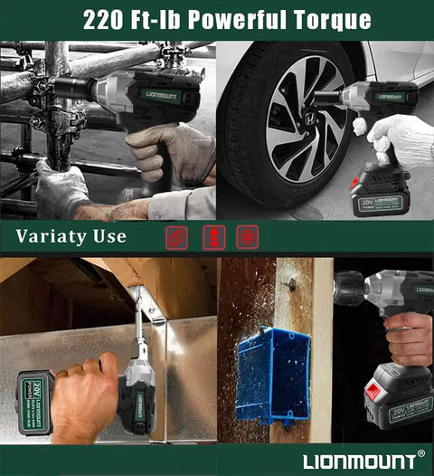 220 Ft-lb torque use of 20V Brushless Cordless Impact Wrench And Driver Kit With 300 Foot Pounds Torque One Half Inch Square And One Quarter Inch Hex Quick Change 4.0Ah Battery Fast Charger Storage Case Built For Your Home Garage Beast Mode