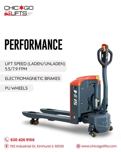 Robust Chicago Lifts Full Electric Pallet Jack 4400 Lb Capacity With 48 Inch By 27 Inch Fork Size for heavy duty warehouse moving.