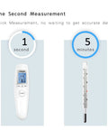 Touchless Infrared Forehead Thermometer For Home Use With 3 In 1 Digital LCD Display, No Contact Temperature Readings For Adults Kids And Baby, Fever Alarm, Memory Function, Quick, Accurate, Family Friendly, white handheld device shown with 1 second measurement.