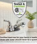 Lynden Bathroom Sink Faucet with Chrome Finish, dual levers, aerated stream flowing, in a lead-free certified bathroom setting.