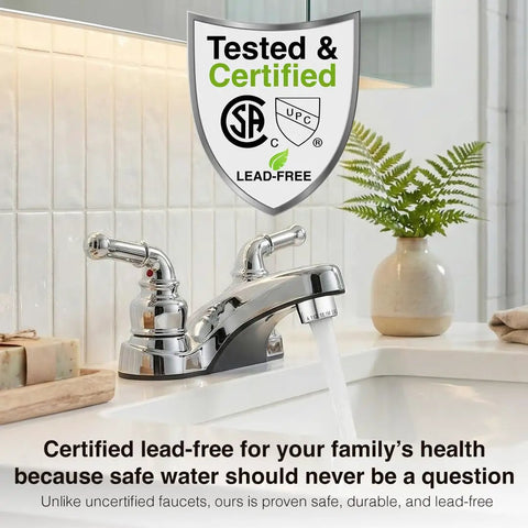 Lynden Bathroom Sink Faucet with Chrome Finish, dual levers, aerated stream flowing, in a lead-free certified bathroom setting.