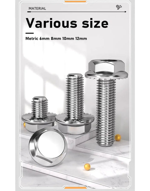 Heavy Duty Badass M6 1.0mm x 10mm Flanged Hex Head Bolts And Serrated Flange Screws 304 Stainless Steel showing various sizes.