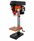 Ridfy 8 Inch Benchtop Drill Press, 5 Speed 770-3410 RPM With Tilt Table for Wood Metal DIY Maker Projects Compact Heavy Duty Desktop Drilling Machine For Hobbyists And Makers, showing side view with tilt table.