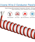 22 Gauge Red And Black Parallel Silicone Wire 2 Conductor Ultra Flexible 60 Strand Tinned Copper Core shown coiled with labels on features