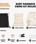 Baby Swing For Indoor And Outdoor Use Grab And Go Portable Swing With Adjustable Tree Design And 5 Point Safety Belt For Infants To Toddlers Cream Color Easy Setup Porch Garden Backyard with hammock swing kit including bars, cushion, seat fabric, carry bag, wooden balls, rings, carabiners, ropes.