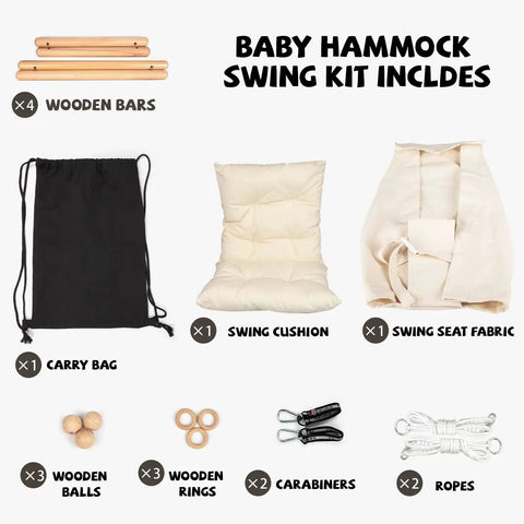 Baby Swing For Indoor And Outdoor Use Grab And Go Portable Swing With Adjustable Tree Design And 5 Point Safety Belt For Infants To Toddlers Cream Color Easy Setup Porch Garden Backyard with hammock swing kit including bars, cushion, seat fabric, carry bag, wooden balls, rings, carabiners, ropes.