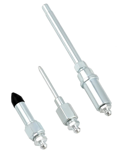 Nine Piece Grease Gun Tip Set With Universal Couplers For All Grease Lubrication Jobs Includes 15.5 Inch Flexible Hose 90 Degree Angled Coupler Needles Seals And Quick Connect Fittings displaying three couplers