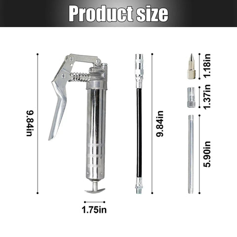 Mini Grease Gun 3000 PSI Heavy Duty Pistol Grip With 9.8 Inch Flexible Hose And 5.9 Inch Rigid Extension For 3 Oz Cartridges