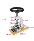 Pro Grade Oyster Watch Case Opener Bench Tool Kit With 6 Dies For Rolex And Tudor, dimensions marked, metal and wood base