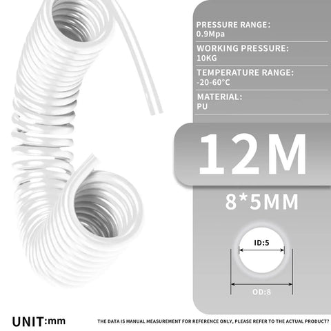 Heavy Duty Polyurethane Recoil Air Hose For Compressors 12 Meter Length showing coiled design and clear material specifications.