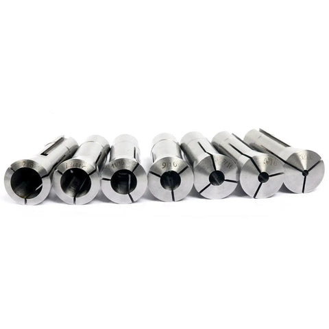 R8 Collets Set 13 Piece Precision Mill Chuck Holder For Bridgeport Machines Shop Ready Size Range 1/8 To 7/8 Inches With.0006 TIR Runout And Drawbar Thread 7 16 20 Hardened And Ground shown in a row