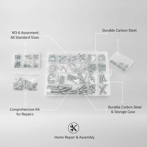 M3 To M6 Carbon Steel Screw Nut And Washer All In One Kit in plastic storage box for home repairs and DIY projects.