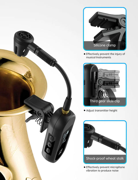 Wireless UHF Saxophone Microphone System With Clip On Instrument Mic For Sax And Trumpet attached to saxophone.