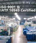 Manufacturing facility with ISO 9001 and IATF 16949 certification signage.