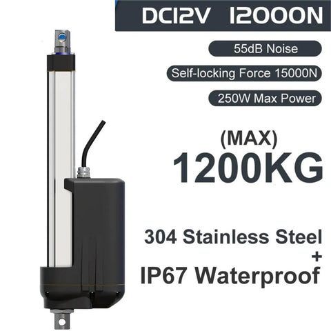 Heavy Duty Workhorse 12000N Electric Linear Actuator 12V DC With 1200MM Stroke And IP67 Waterproofing powered by 250W motor.