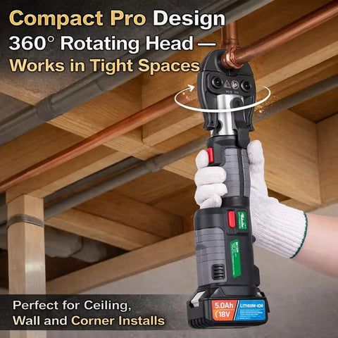 Heavy Duty 18V Cordless Electric Hydraulic Pipe Crimper With Three Jaws And Badass 32KN Force for tight space installations.