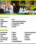 Person with painted hands beside list detailing All-Purpose Cleaning Wipes capabilities for various surfaces and mess removal like grease and grime.