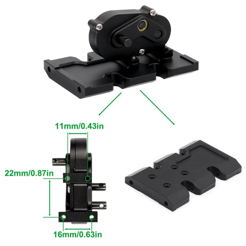 One Tenth RC Crawler Transmission With Thirty Percent Overdrive Transfer Case Forward Motor Mount Delrin Spur Gear Aluminum Alloy Upgrade For Axial SCX10 II Element Enduro LCG Chassis Cheater Rigs And DIY Projects, components and dimensions