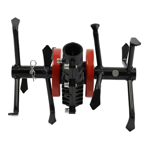 Six Claw Deep Plow Cultivator Wheel Attachment for Weed Busting on Lawn Mowers and Rototillers, steel construction close-up