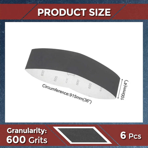 No Sweat Heavy Duty 4 X 36 Inch Sanding Belts 600 Grit Silicon Carbide Abrasive showing size and dimensions for 6 piece bundle.
