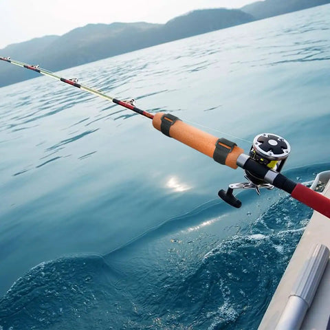 Fishing rod with Never Lose Your Fishing Rod Again With High Visibility Orange Floats For Kayaks And Boats attached, floating