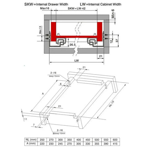 Technical diagram of heavy duty full extension drawer slides, 20 inch 500mm, showing dimensions and installation details for kitchen and bath.