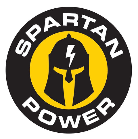 Spartan Power logo with helmet and lightning bolt on a circular design.