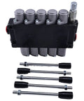 Five-spool hydraulic direction control valve block with gray caps; five chrome control rods with black handles