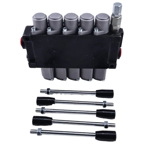 Five-spool hydraulic direction control valve block with gray caps; five chrome control rods with black handles